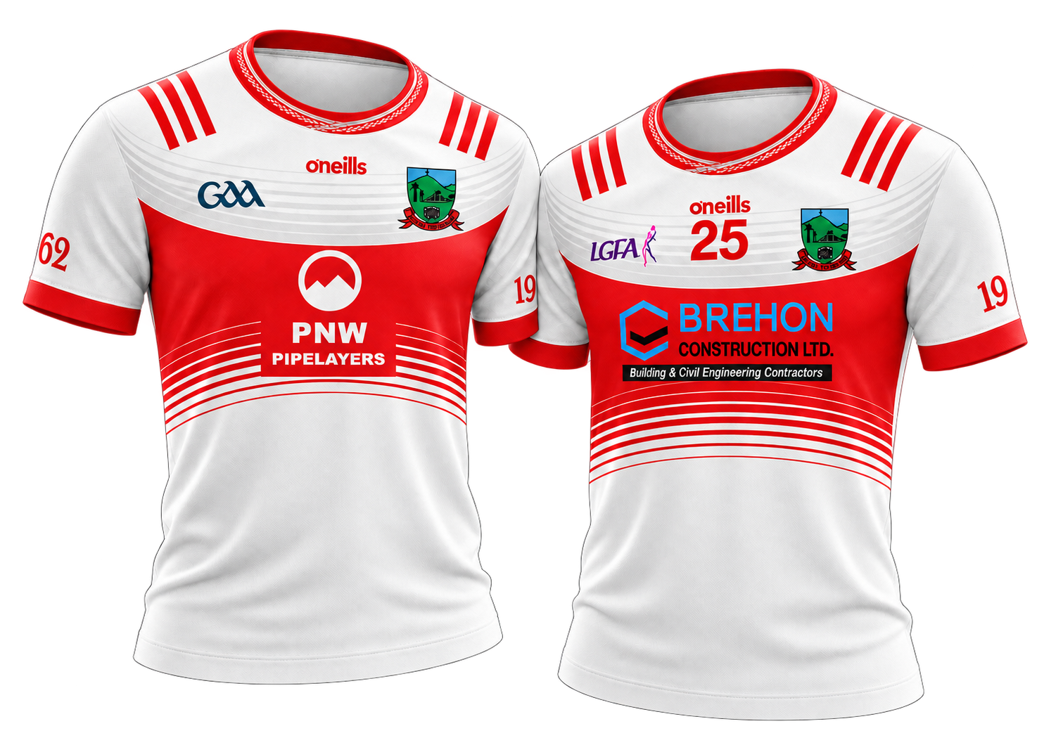 St. Faithleach’s red and white GAA and LGFA jerseys shown together in a front three-quarter view